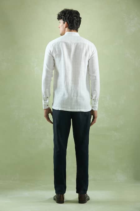 Shop Aryavir Malhotra White Linen Checkered Mandarin Collar Shirt at Aza Fashions Shop_Aryavir Malhotra_White Linen Checkered Mandarin Collar Shirt _at_Aza_Fashions