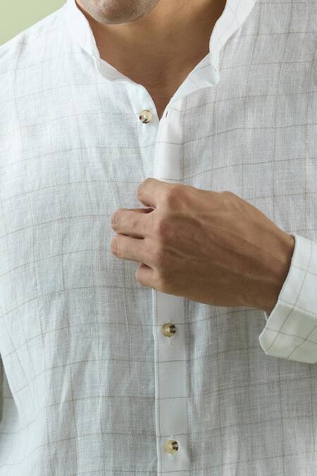 Aryavir Malhotra White Linen Checkered Mandarin Collar Shirt Online at Aza Fashions Aryavir Malhotra_White Linen Checkered Mandarin Collar Shirt _Online_at_Aza_Fashions
