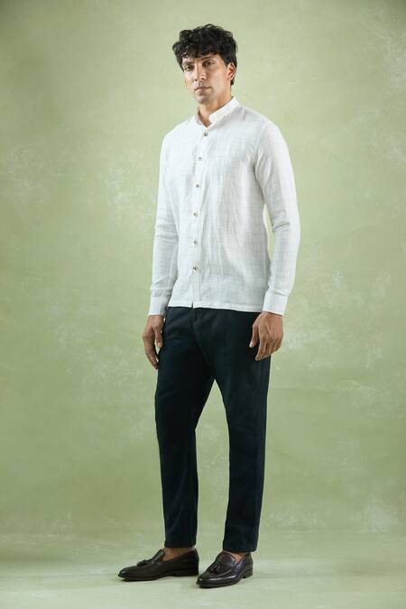 Shop Aryavir Malhotra White Linen Checkered Mandarin Collar Shirt Online at Aza Fashions Shop_Aryavir Malhotra_White Linen Checkered Mandarin Collar Shirt _Online_at_Aza_Fashions