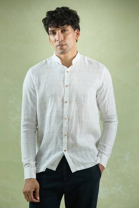 Buy Aryavir Malhotra White Linen Checkered Mandarin Collar Shirt Buy_Aryavir Malhotra_White Linen Checkered Mandarin Collar Shirt