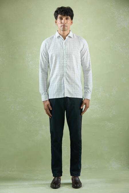 Aryavir Malhotra_Ivory Linen Checkered Collared Shirt _Online_at_Aza_Fashions