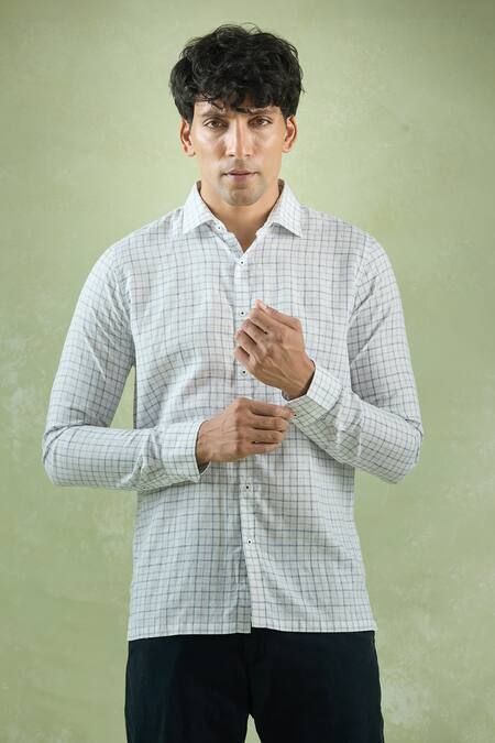 Shop_Aryavir Malhotra_Ivory Linen Checkered Collared Shirt _Online_at_Aza_Fashions