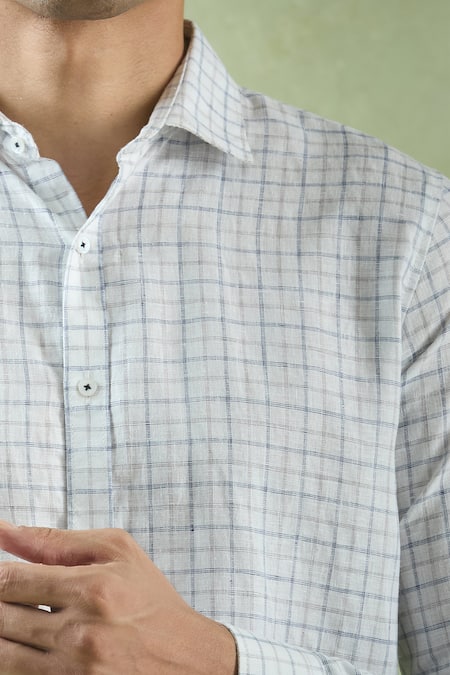 Aryavir Malhotra_Ivory Linen Checkered Collared Shirt _at_Aza_Fashions