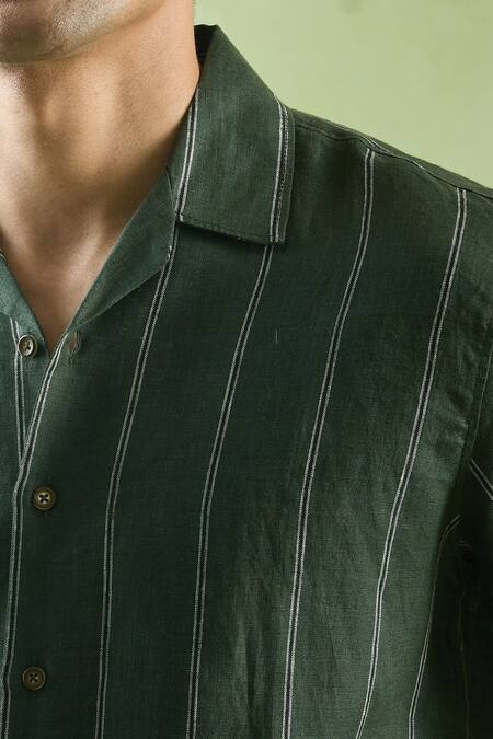 Aryavir Malhotra Green Linen Stripe Pattern Casual Shirt Online at Aza Fashions Aryavir Malhotra_Green Linen Stripe Pattern Casual Shirt_Online_at_Aza_Fashions