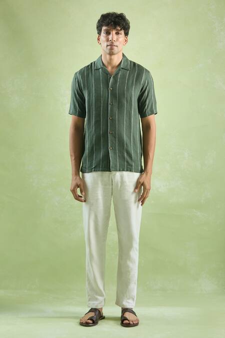 Buy Aryavir Malhotra Green Linen Stripe Pattern Casual Shirt Online at Aza Fashions Buy_Aryavir Malhotra_Green Linen Stripe Pattern Casual Shirt_Online_at_Aza_Fashions