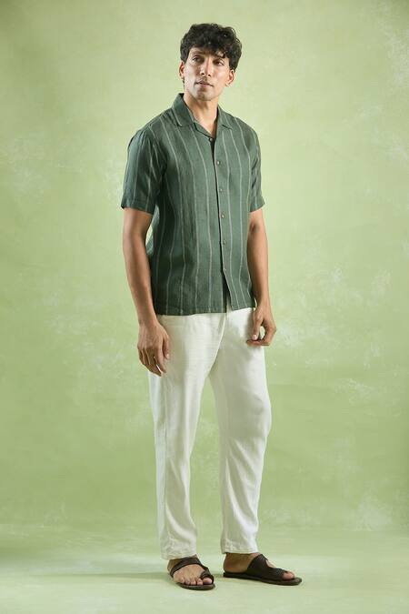 Shop Aryavir Malhotra Green Linen Stripe Pattern Casual Shirt Online at Aza Fashions Shop_Aryavir Malhotra_Green Linen Stripe Pattern Casual Shirt_Online_at_Aza_Fashions