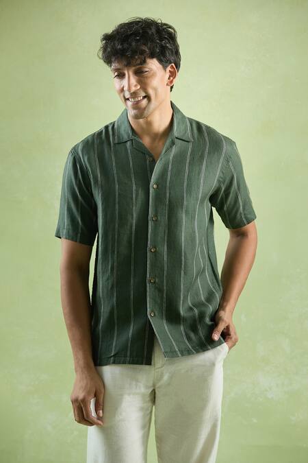 Aryavir Malhotra Green Linen Stripe Pattern Casual Shirt at Aza Fashions Aryavir Malhotra_Green Linen Stripe Pattern Casual Shirt_at_Aza_Fashions