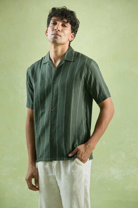 Buy Aryavir Malhotra Green Linen Stripe Pattern Casual Shirt Buy_Aryavir Malhotra_Green Linen Stripe Pattern Casual Shirt