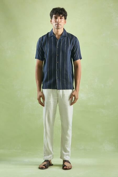 Aryavir Malhotra Blue Linen Navy Pattern Shirt Online at Aza Fashions Aryavir Malhotra_Blue Linen Navy Pattern Shirt_Online_at_Aza_Fashions