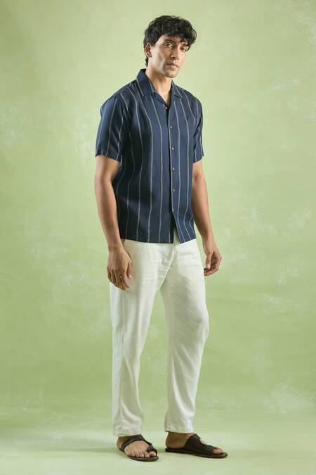 Buy Aryavir Malhotra Blue Linen Navy Pattern Shirt Online at Aza Fashions Buy_Aryavir Malhotra_Blue Linen Navy Pattern Shirt_Online_at_Aza_Fashions