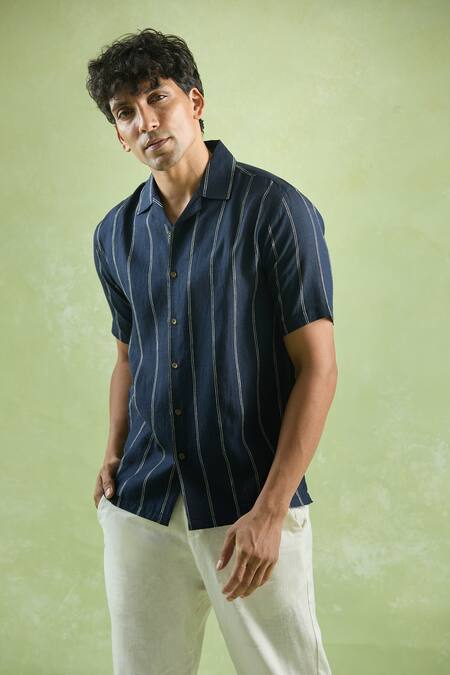Shop Aryavir Malhotra Blue Linen Navy Pattern Shirt Online at Aza Fashions Shop_Aryavir Malhotra_Blue Linen Navy Pattern Shirt_Online_at_Aza_Fashions