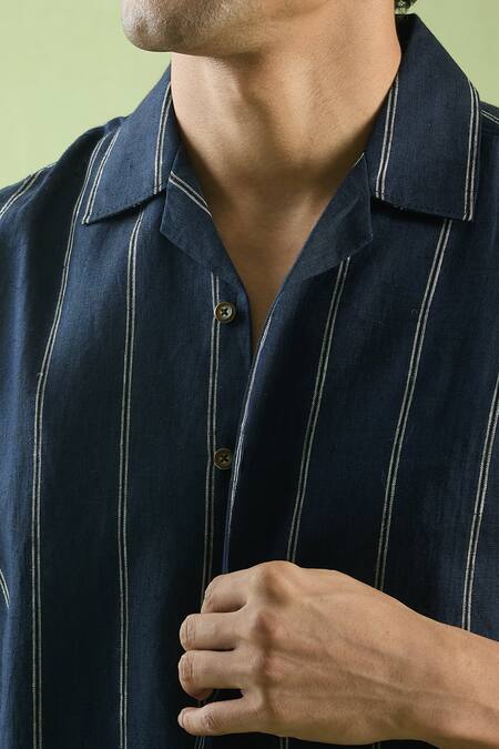 Aryavir Malhotra Blue Linen Navy Pattern Shirt at Aza Fashions Aryavir Malhotra_Blue Linen Navy Pattern Shirt_at_Aza_Fashions