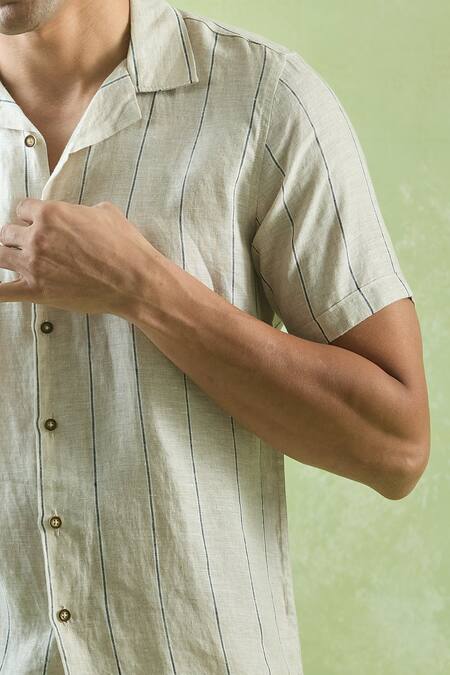 Aryavir Malhotra_Beige Linen Stripe Pattern Half Sleeve Shirt _Online_at_Aza_Fashions
