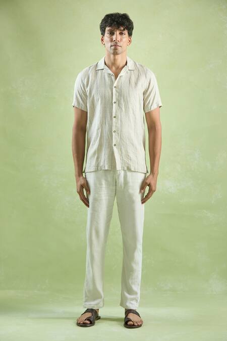 Buy_Aryavir Malhotra_Beige Linen Stripe Pattern Half Sleeve Shirt _Online_at_Aza_Fashions