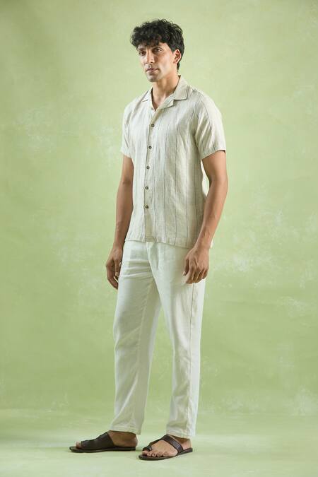 Shop_Aryavir Malhotra_Beige Linen Stripe Pattern Half Sleeve Shirt _Online_at_Aza_Fashions