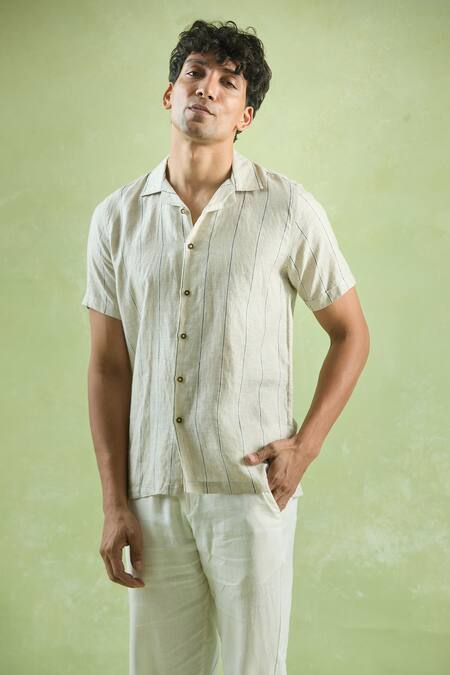 Buy_Aryavir Malhotra_Beige Linen Stripe Pattern Half Sleeve Shirt 