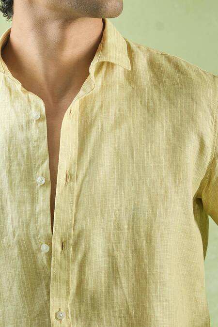 Aryavir Malhotra Yellow Linen Stripe Pattern Full Sleeve Shirt Online at Aza Fashions Aryavir Malhotra_Yellow Linen Stripe Pattern Full Sleeve Shirt_Online_at_Aza_Fashions