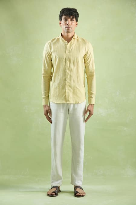 Buy Aryavir Malhotra Yellow Linen Stripe Pattern Full Sleeve Shirt Online at Aza Fashions Buy_Aryavir Malhotra_Yellow Linen Stripe Pattern Full Sleeve Shirt_Online_at_Aza_Fashions