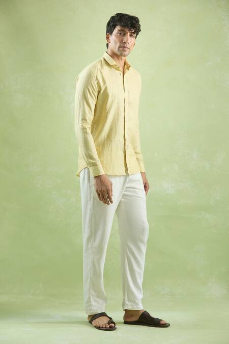 Shop Aryavir Malhotra Yellow Linen Stripe Pattern Full Sleeve Shirt Online at Aza Fashions Shop_Aryavir Malhotra_Yellow Linen Stripe Pattern Full Sleeve Shirt_Online_at_Aza_Fashions