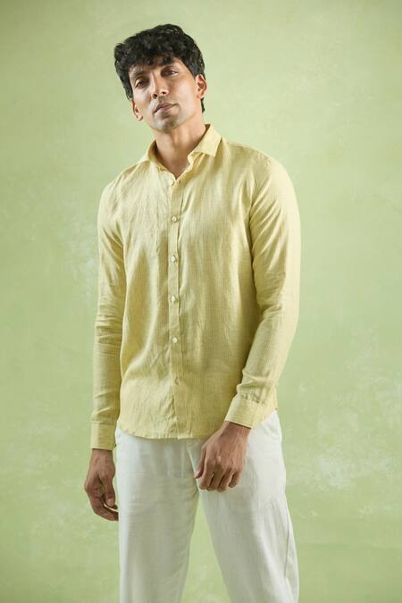 Aryavir Malhotra Yellow Linen Stripe Pattern Full Sleeve Shirt at Aza Fashions Aryavir Malhotra_Yellow Linen Stripe Pattern Full Sleeve Shirt_at_Aza_Fashions