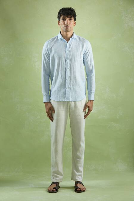 Aryavir Malhotra_Blue Linen Pattern Shirt_Online_at_Aza_Fashions