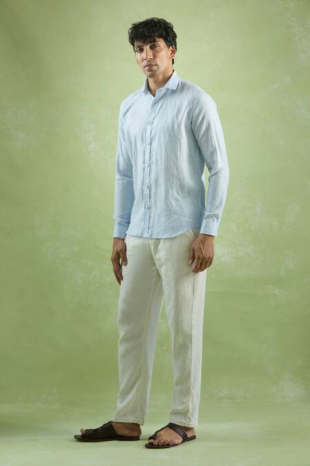 Buy_Aryavir Malhotra_Blue Linen Pattern Shirt_Online_at_Aza_Fashions