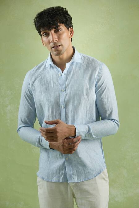Aryavir Malhotra_Blue Linen Pattern Shirt_at_Aza_Fashions
