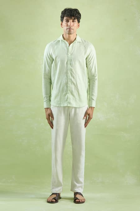 Aryavir Malhotra Green Linen Stripe Pattern Shirt Online at Aza Fashions Aryavir Malhotra_Green Linen Stripe Pattern Shirt _Online_at_Aza_Fashions