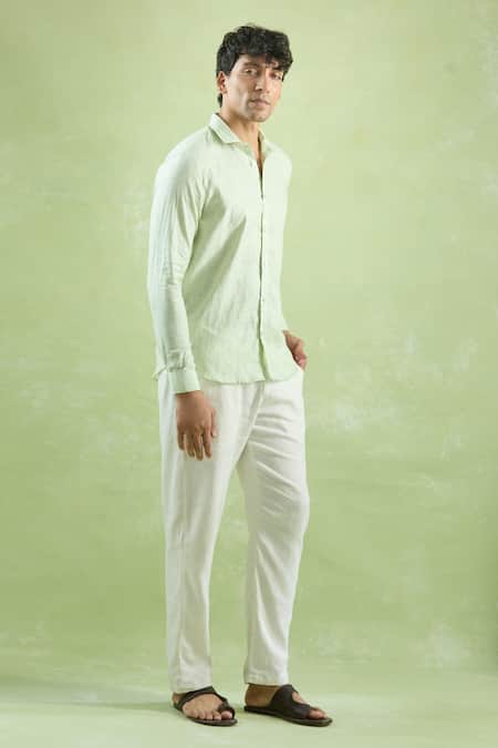 Buy Aryavir Malhotra Green Linen Stripe Pattern Shirt Online at Aza Fashions Buy_Aryavir Malhotra_Green Linen Stripe Pattern Shirt _Online_at_Aza_Fashions