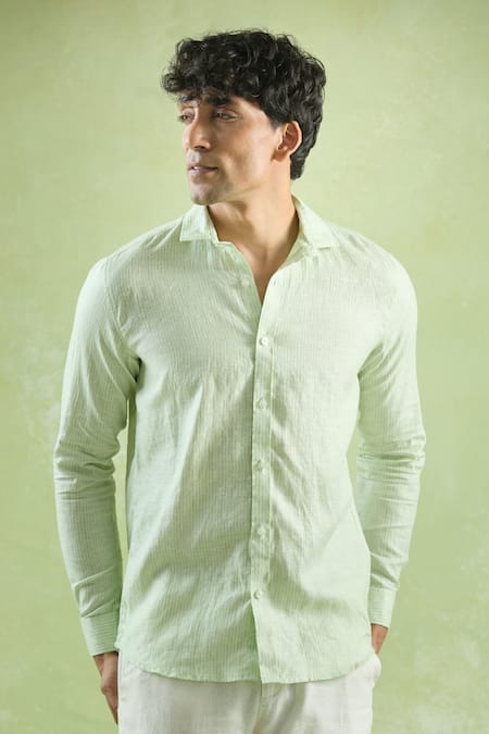 Shop Aryavir Malhotra Green Linen Stripe Pattern Shirt Online at Aza Fashions Shop_Aryavir Malhotra_Green Linen Stripe Pattern Shirt _Online_at_Aza_Fashions