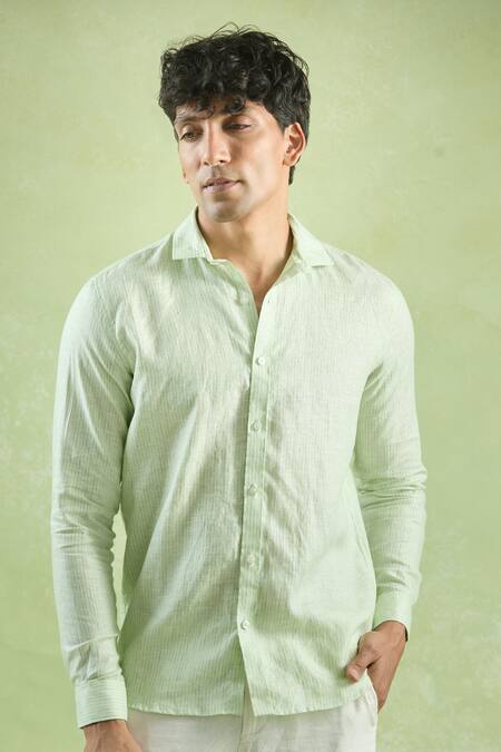 Aryavir Malhotra Green Linen Stripe Pattern Shirt at Aza Fashions Aryavir Malhotra_Green Linen Stripe Pattern Shirt _at_Aza_Fashions