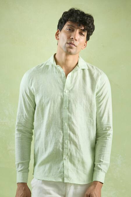 Buy Aryavir Malhotra Green Linen Stripe Pattern Shirt Buy_Aryavir Malhotra_Green Linen Stripe Pattern Shirt