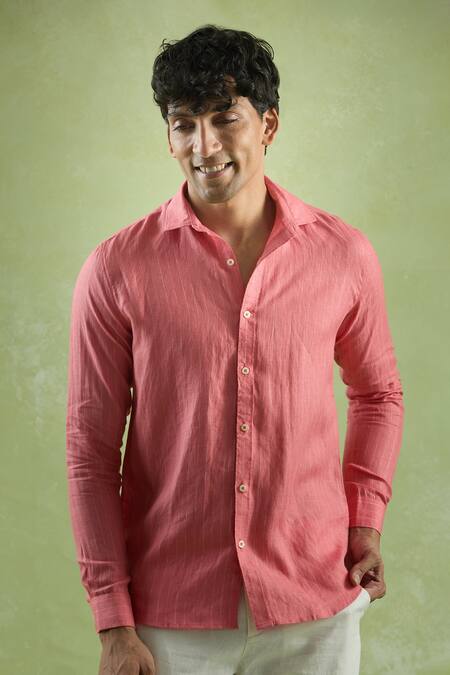 Aryavir Malhotra Red Linen Striped Full Sleeve Shirt Online at Aza Fashions Aryavir Malhotra_Red Linen Striped Full Sleeve Shirt_Online_at_Aza_Fashions