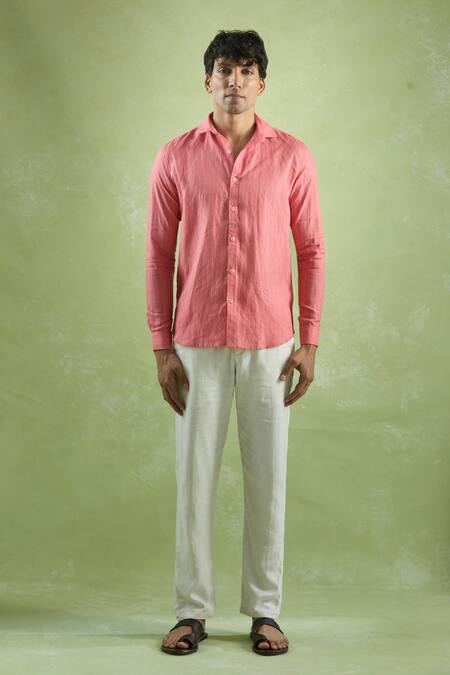 Shop Aryavir Malhotra Red Linen Striped Full Sleeve Shirt Online at Aza Fashions Shop_Aryavir Malhotra_Red Linen Striped Full Sleeve Shirt_Online_at_Aza_Fashions