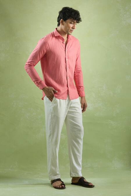 Aryavir Malhotra Red Linen Striped Full Sleeve Shirt at Aza Fashions Aryavir Malhotra_Red Linen Striped Full Sleeve Shirt_at_Aza_Fashions