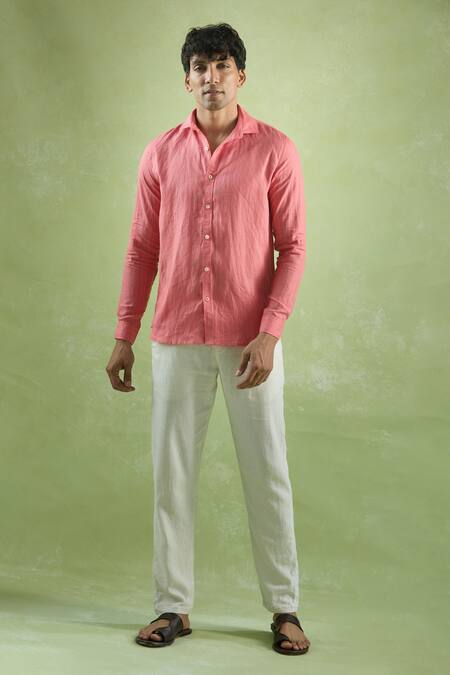 Buy Aryavir Malhotra Red Linen Striped Full Sleeve Shirt Buy_Aryavir Malhotra_Red Linen Striped Full Sleeve Shirt