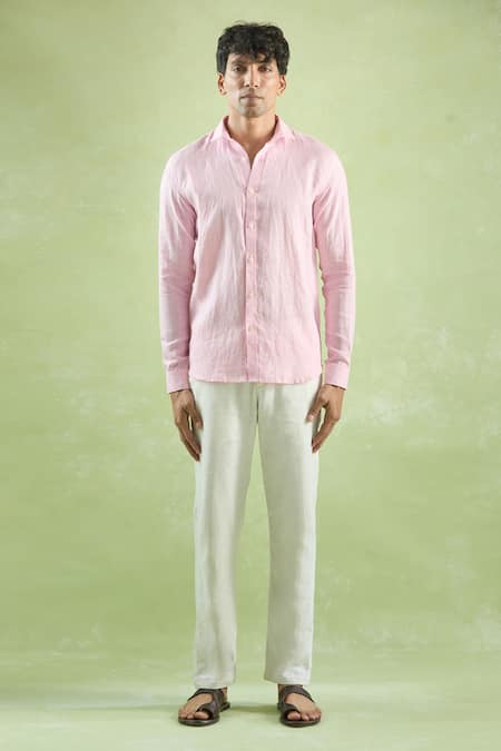 Aryavir Malhotra Pink Linen Striped Shirt Online at Aza Fashions Aryavir Malhotra_Pink Linen Striped Shirt_Online_at_Aza_Fashions