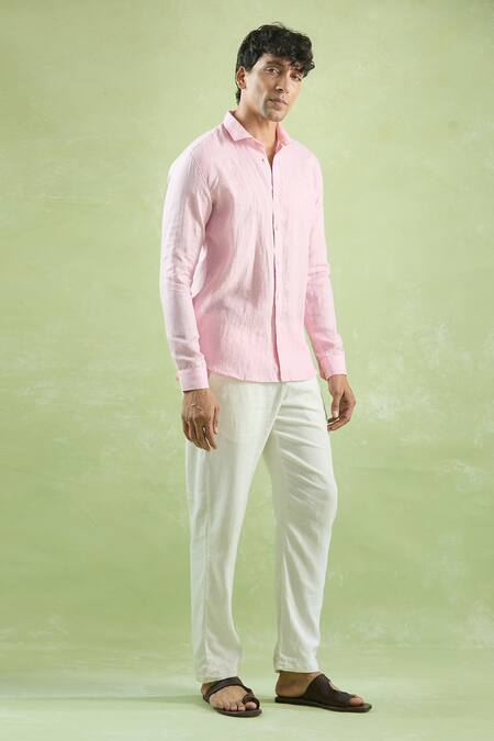 Shop Aryavir Malhotra Pink Linen Striped Shirt Online at Aza Fashions Shop_Aryavir Malhotra_Pink Linen Striped Shirt_Online_at_Aza_Fashions