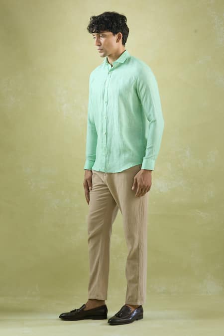 Buy_Arihant Rai Sinha_Green Linen Stripe Pattern Shirt _Online_at_Aza_Fashions
