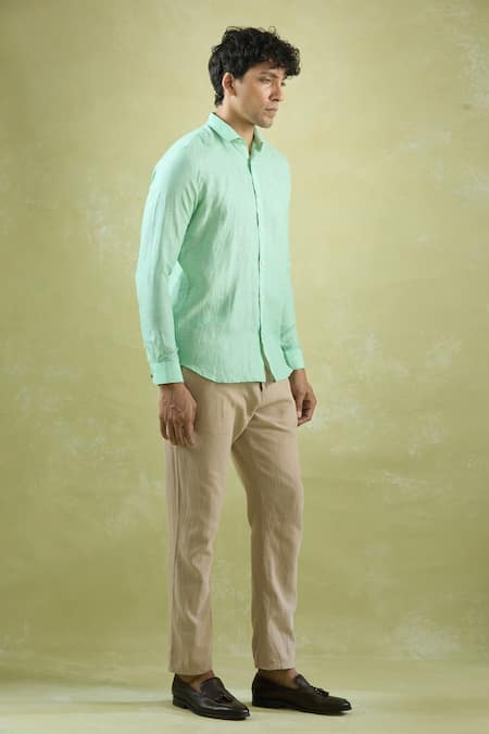 Shop_Arihant Rai Sinha_Green Linen Stripe Pattern Shirt _Online_at_Aza_Fashions