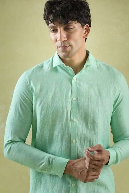Arihant Rai Sinha_Green Linen Stripe Pattern Shirt _at_Aza_Fashions
