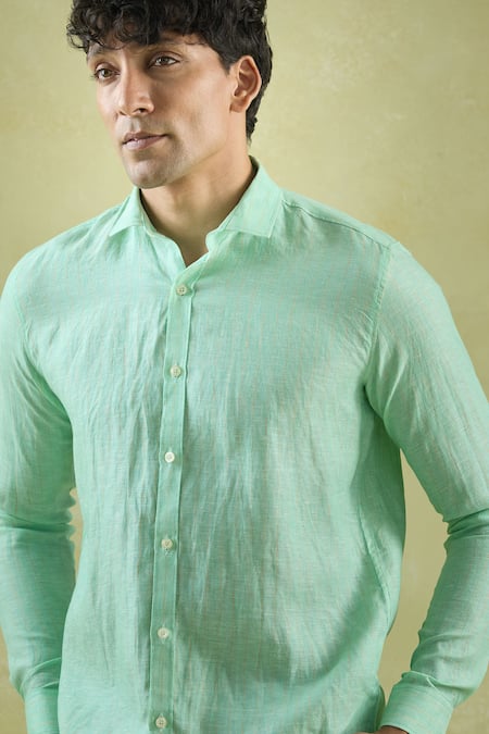 Buy_Arihant Rai Sinha_Green Linen Stripe Pattern Shirt 