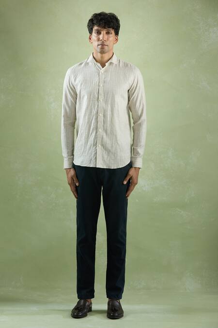 Aryavir Malhotra_Beige Linen Geometric Stripe Shirt _Online_at_Aza_Fashions