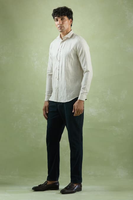 Buy_Aryavir Malhotra_Beige Linen Geometric Stripe Shirt _Online_at_Aza_Fashions