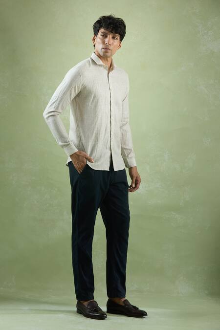 Shop_Aryavir Malhotra_Beige Linen Geometric Stripe Shirt _Online_at_Aza_Fashions