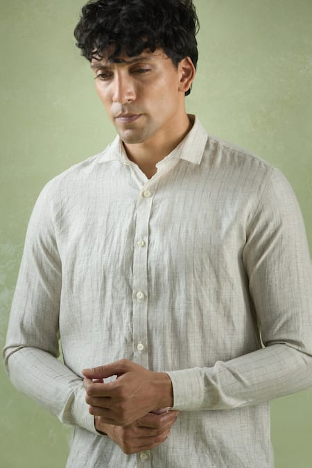 Aryavir Malhotra_Beige Linen Geometric Stripe Shirt _at_Aza_Fashions