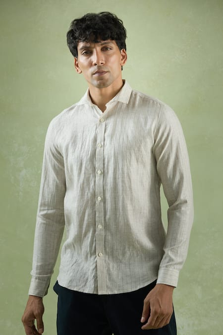 Buy_Aryavir Malhotra_Beige Linen Geometric Stripe Shirt 