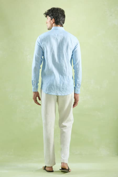 Shop_Aryavir Malhotra_Blue Linen Cerulean Geometric Stripe Shirt _at_Aza_Fashions