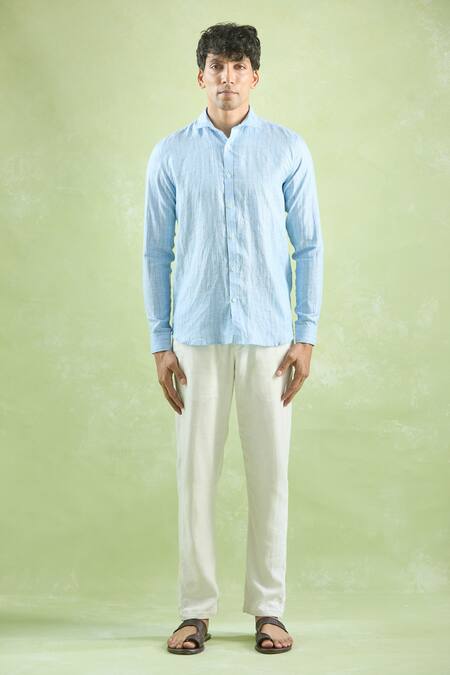Aryavir Malhotra_Blue Linen Cerulean Geometric Stripe Shirt _Online_at_Aza_Fashions