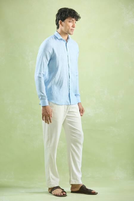 Buy_Aryavir Malhotra_Blue Linen Cerulean Geometric Stripe Shirt _Online_at_Aza_Fashions